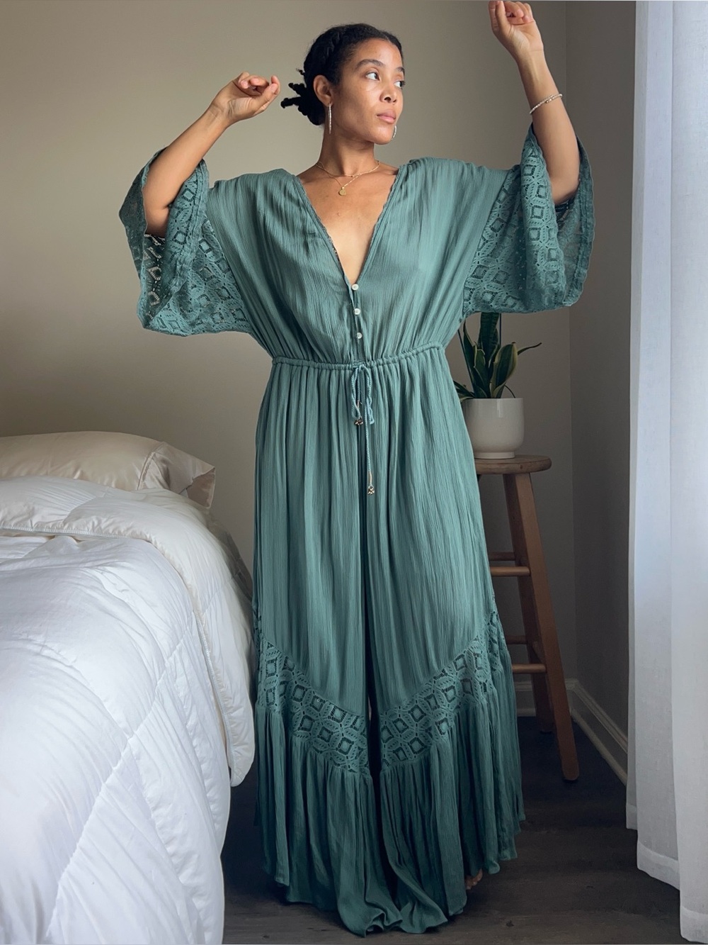 Free People Boho Green Lace Jumpsuit
